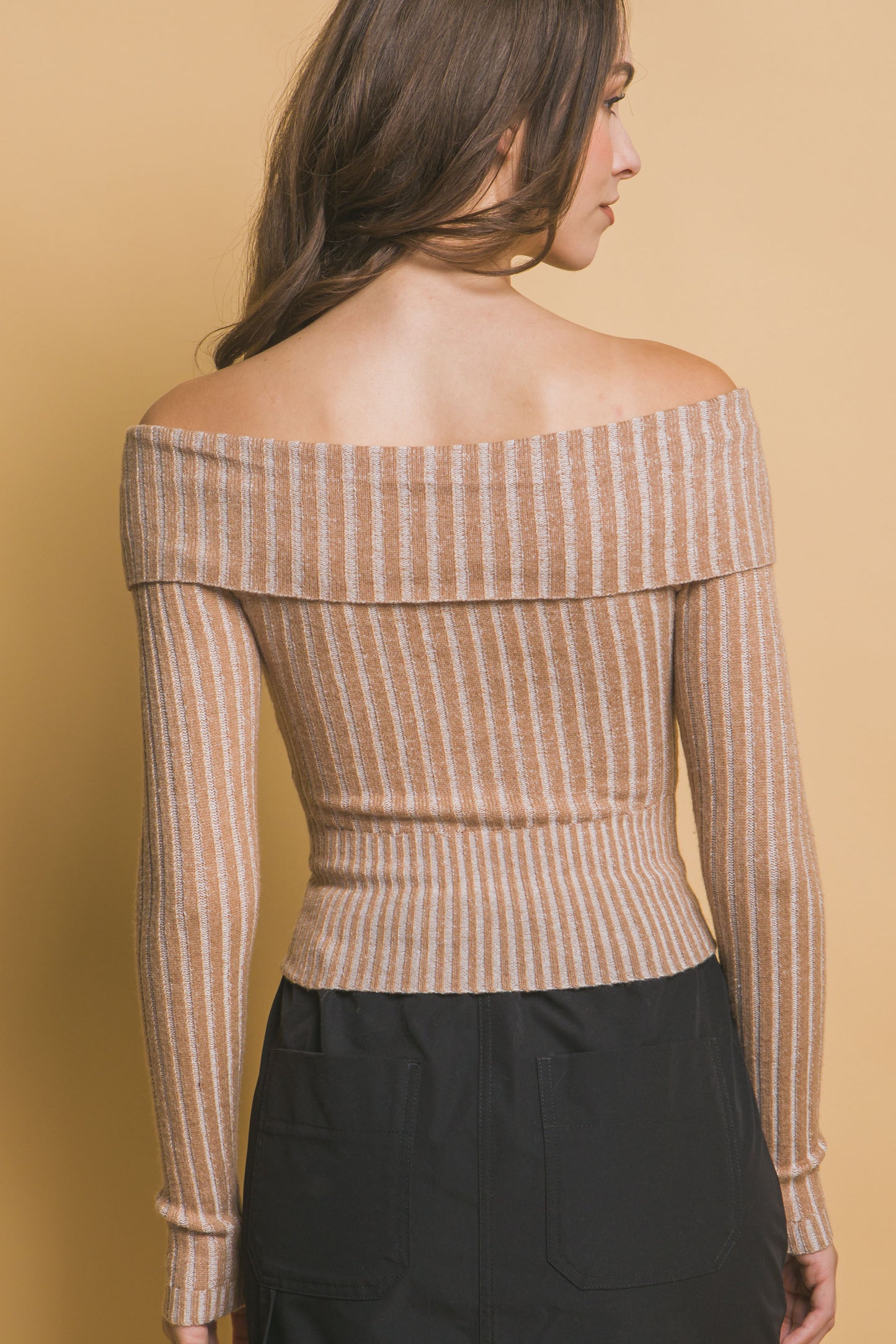 Ribbed Bardot Zip-up Long Sleeve Top