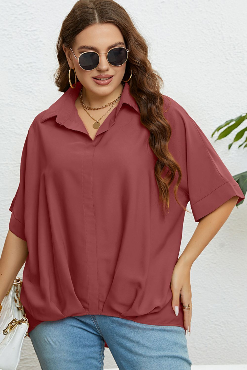 Gem Plus+ Collared Half Sleeve Hem Detail Top