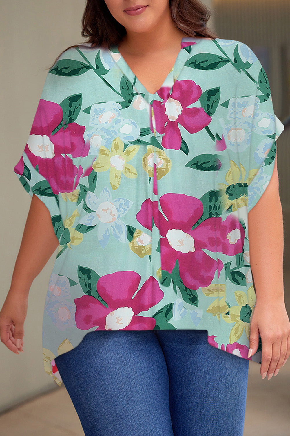 Gem Plus+ Printed Notched Neck Half Sleeve Top