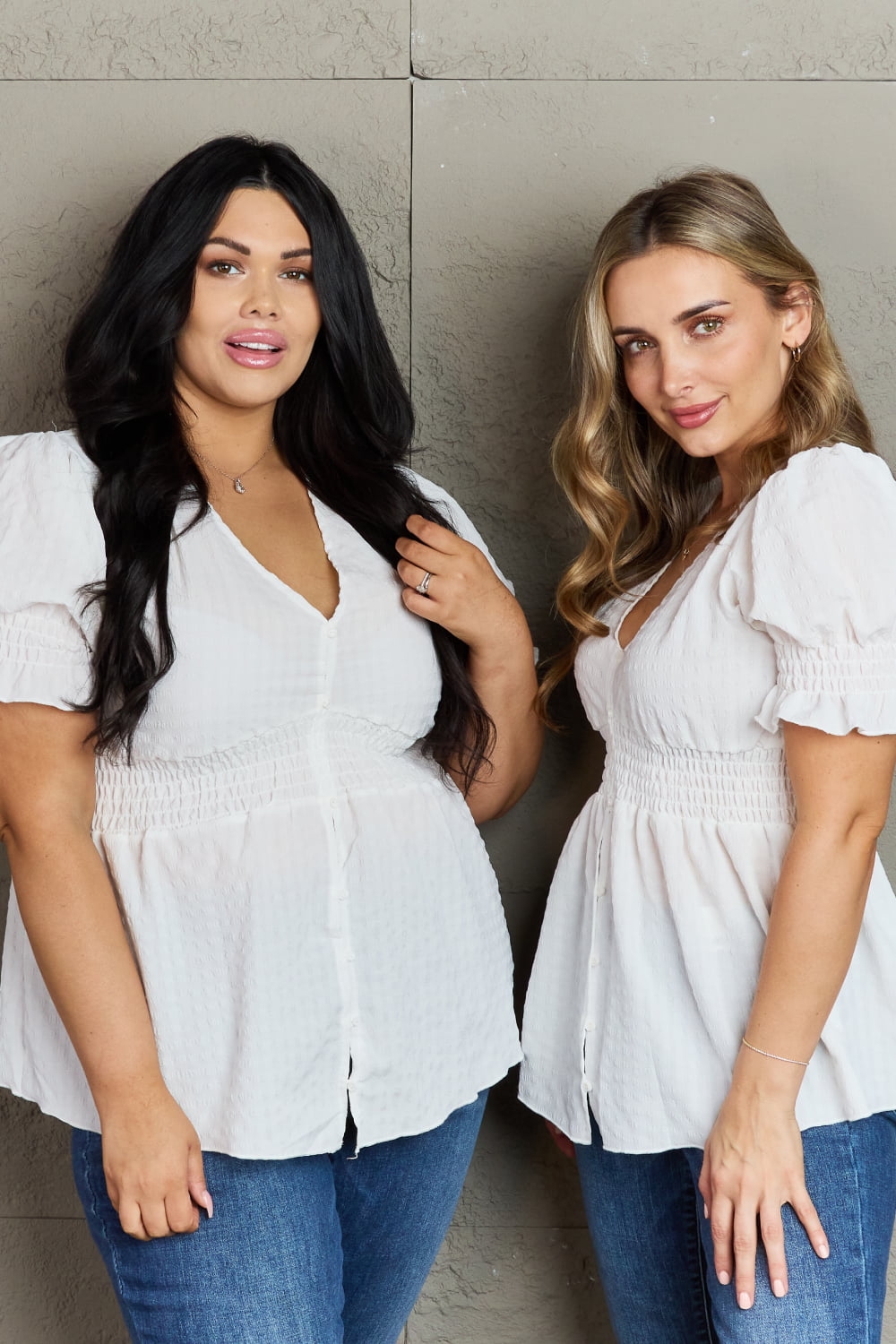 Culture Code Sweet Serenity V-Neck Puff Sleeve Button Down Top