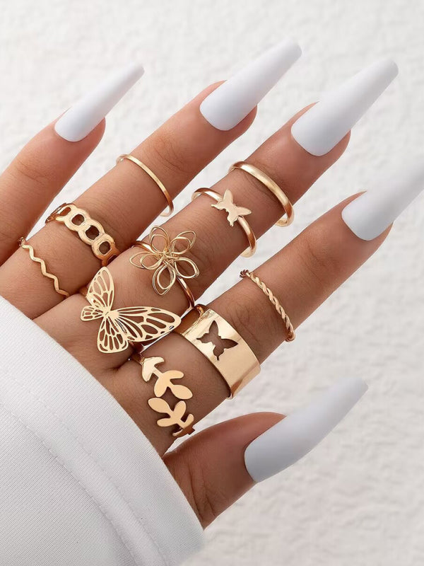 Simple Flower Butterfly Ring Set Geometric Twisted Leaves Hollow Ten-Piece Ring kakaclo