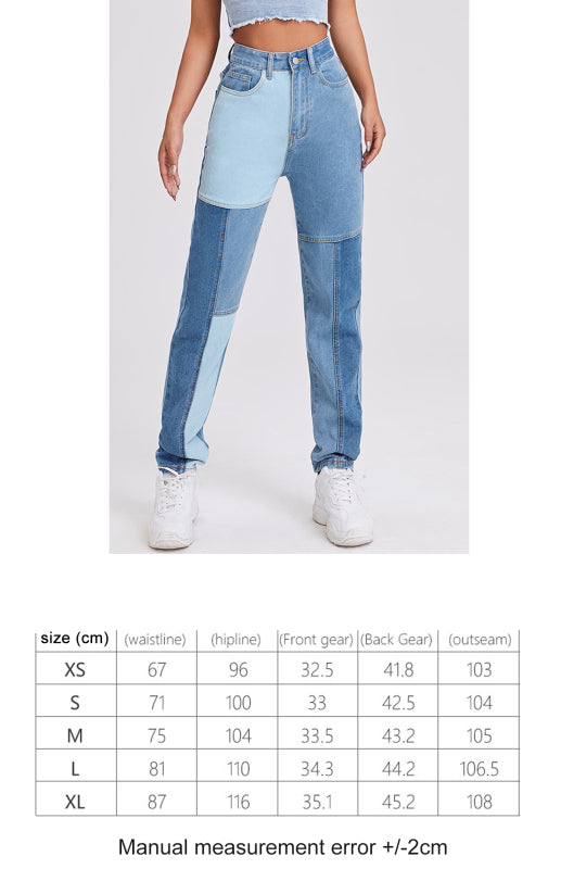 High Waist Colorblock Design Straight Leg Jeans kakaclo