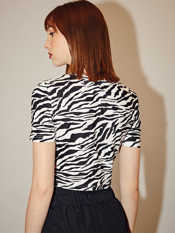 Zebra Pattern Short Sleeve Crop Top kakaclo