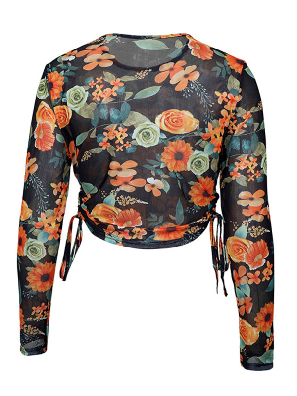 Printed Hollow Slim Pleated Long Sleeve Top kakaclo