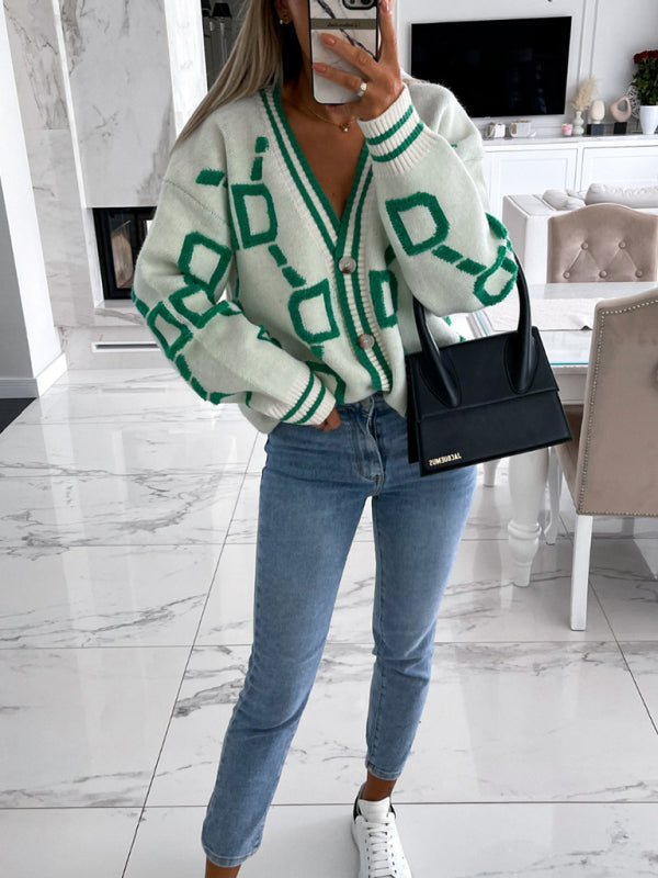 Contrast Single-Breasted Drop-Sleeve Sleeve Sweater Cardigan kakaclo