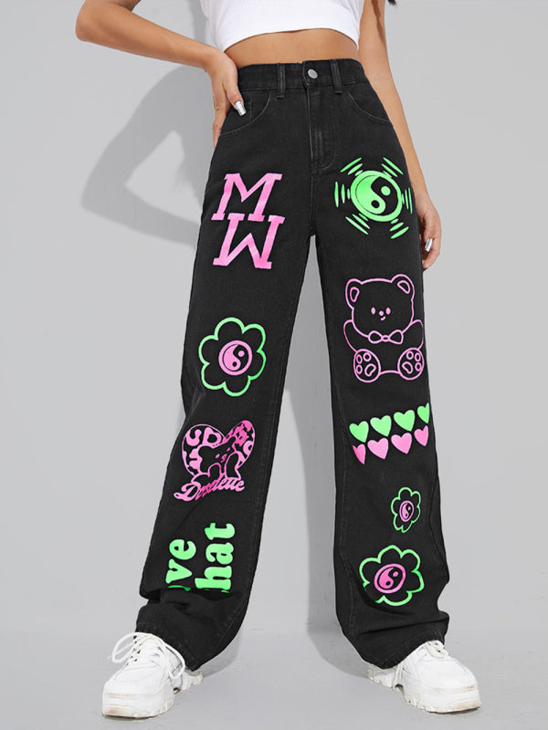 Graffiti Graphics On The Front Wide-leg Silhouette Jeans kakaclo