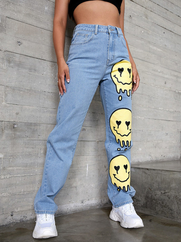 High-rise Smiley-print Bootcut Jean kakaclo