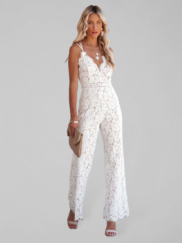 Temperament Elegant Lace Jumpsuit Mid Waist Casual Pants Smooth Lining kakaclo