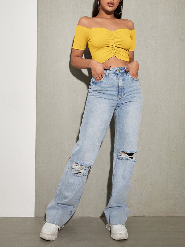 Solid Color Off-the-shoulder Ruched Crop Top kakaclo