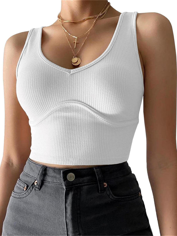 V-Neck Stitching Stretch Solid Color Knit Tank Top kakaclo