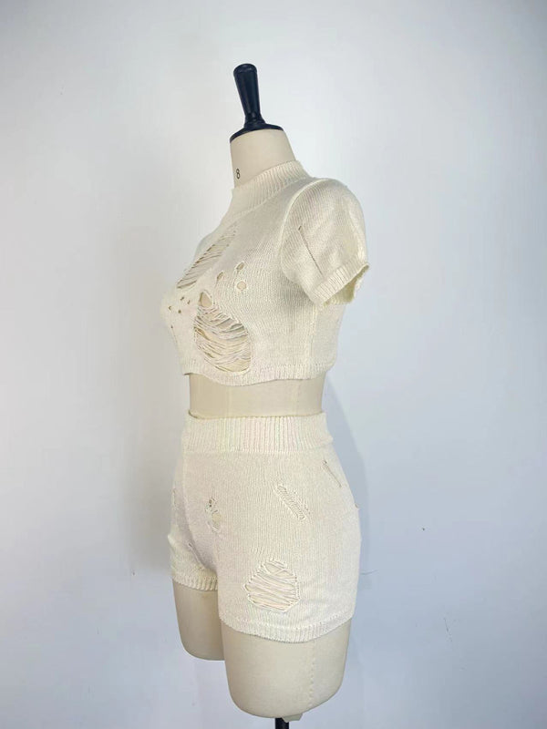 Casual Knitted Hollow Short Set kakaclo
