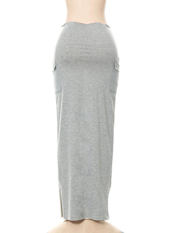 Solid Color Casual High Waist Pocket Pleated Slim Skirt kakaclo