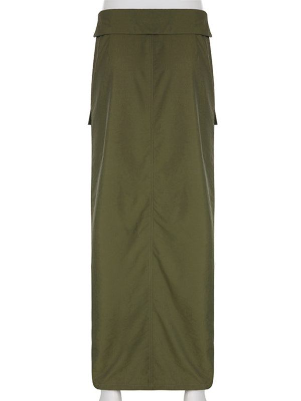 Solid Color Demi Cargo Slit Skirt