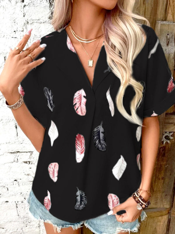 Lapel Feather Print Short Sleeve Shirt