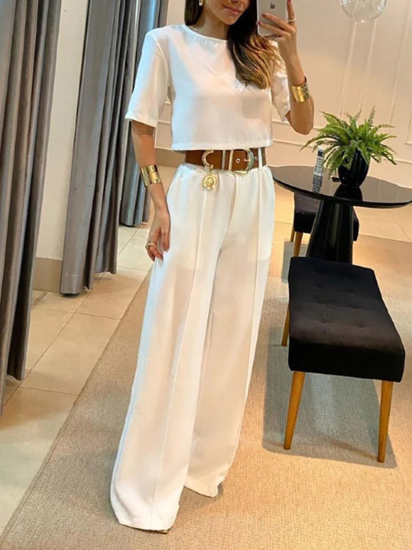 Solid Casual Short-Sleeved Top and Trouser Pants Set kakaclo