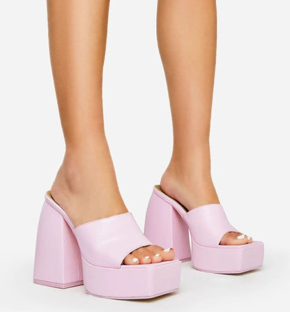 Square Toe Platform Chunky Heeled Mules