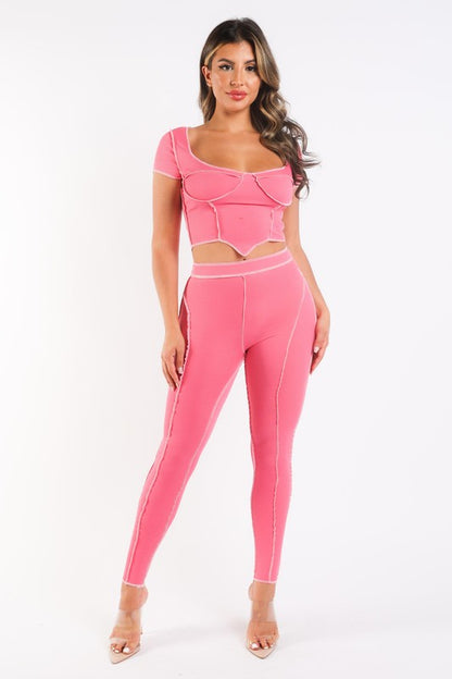 Ribbed Reverse Stitch Crop Top Pant Set