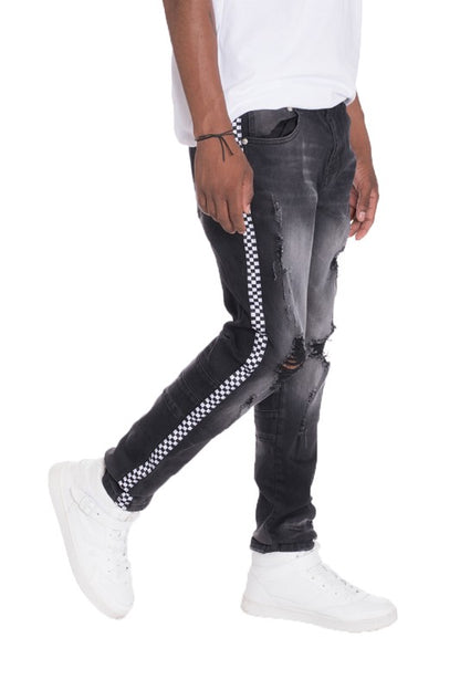 Distressed Men's Checkered Tape Denim Jeans