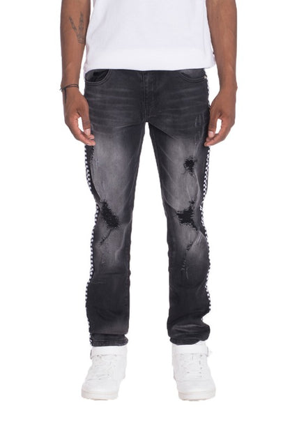 Distressed Men's Checkered Tape Denim Jeans