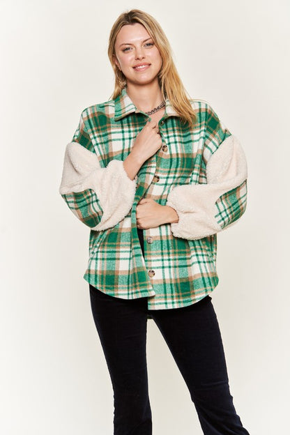 Multi Plaid Fuzzy Sleeve Jacket