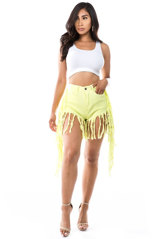 Tassel Denim Shorts - Yellow