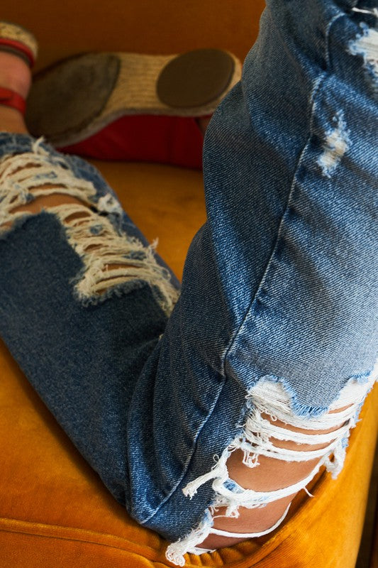 Super High Rise Tattered Ankle Straight Jeans