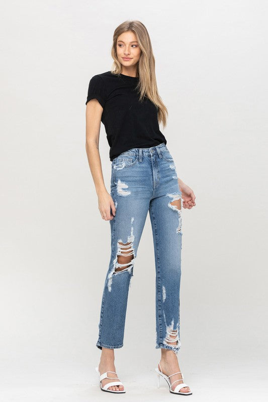 Super High Rise Tattered Ankle Straight Jeans