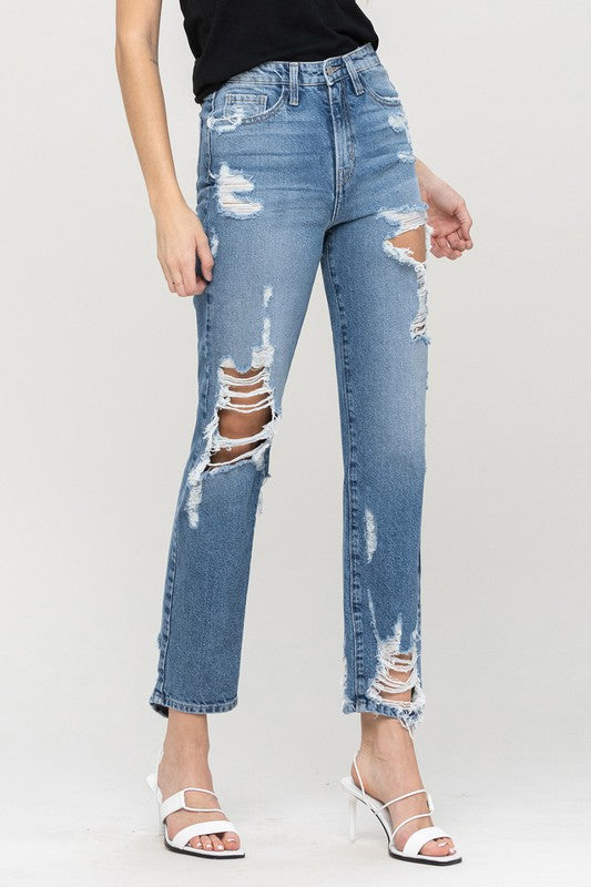 Super High Rise Tattered Ankle Straight Jeans