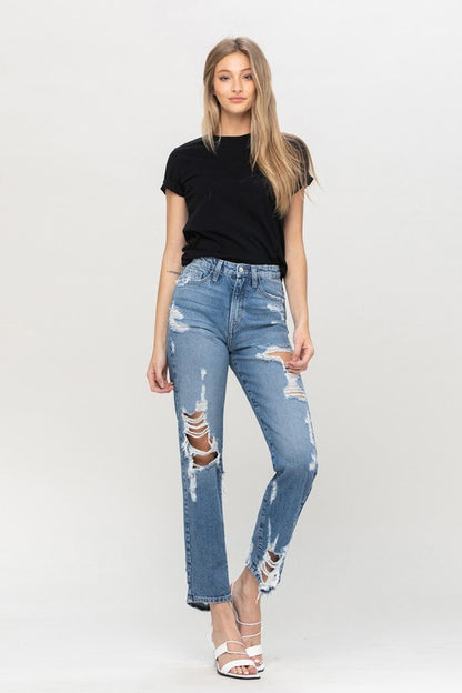 Super High Rise Tattered Ankle Straight Jeans