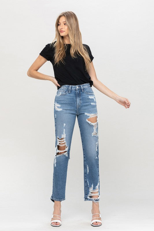 Super High Rise Tattered Ankle Straight Jeans