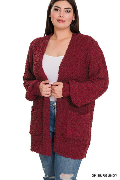 Plus+ Sleeve Popcorn Cardigan With Pockets