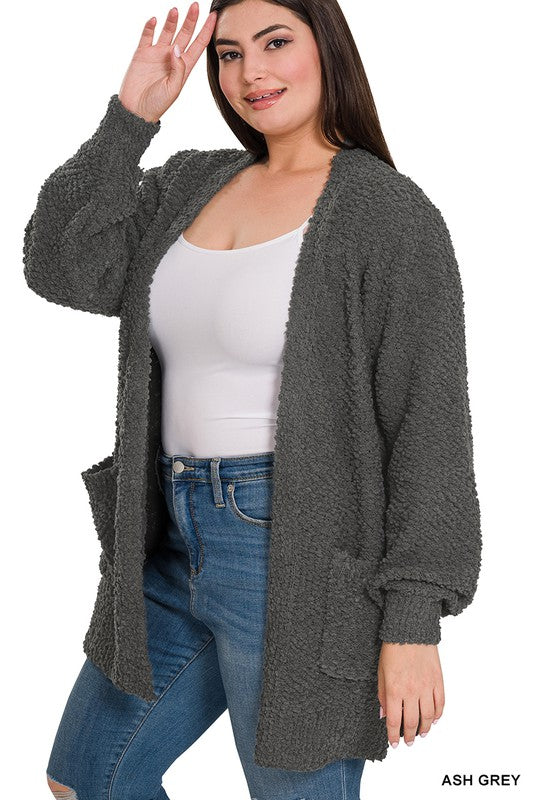 Plus+ Sleeve Popcorn Cardigan With Pockets