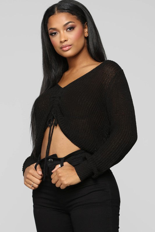 V-neck Drawstring Front Crop Sweater 5Besties