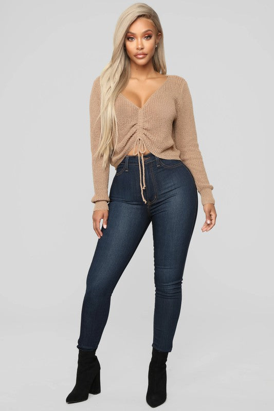 V-neck Drawstring Front Crop Sweater 5Besties