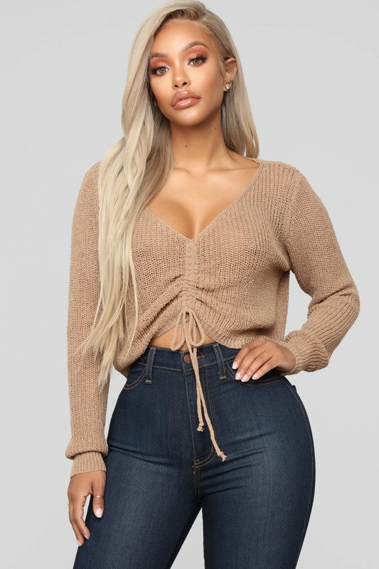 V-neck Drawstring Front Crop Sweater 5Besties