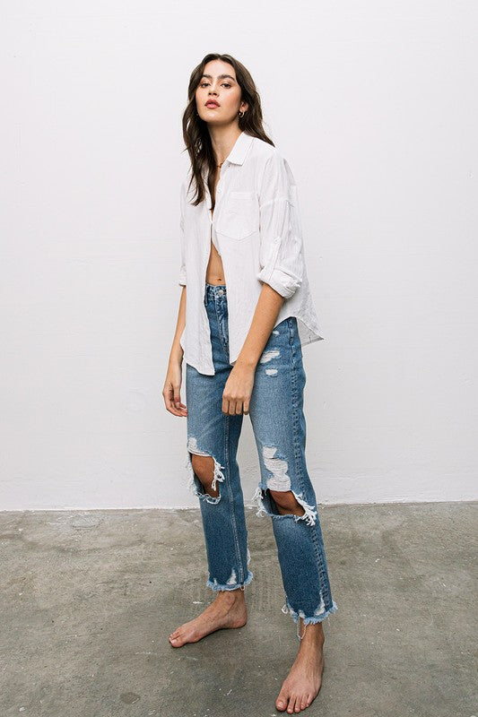 High-Rise Tattered Straight Jeans