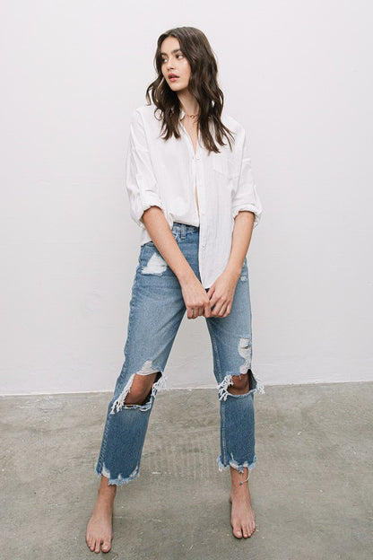 High-Rise Tattered Straight Jeans