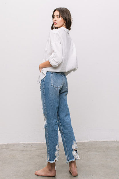 High-Rise Tattered Straight Jeans