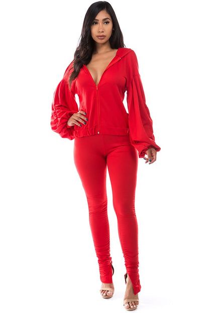 Open Back Hoodie & Stacked Pants Set - Red