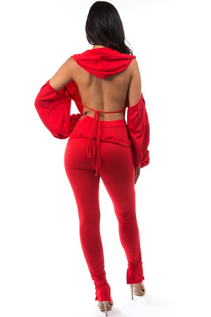 Open Back Hoodie & Stacked Pants Set - Red