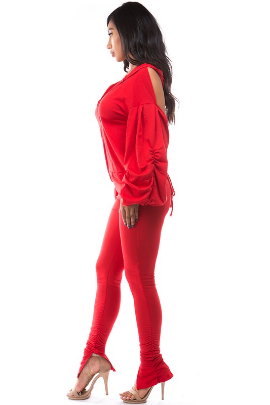 Open Back Hoodie & Stacked Pants Set - Red