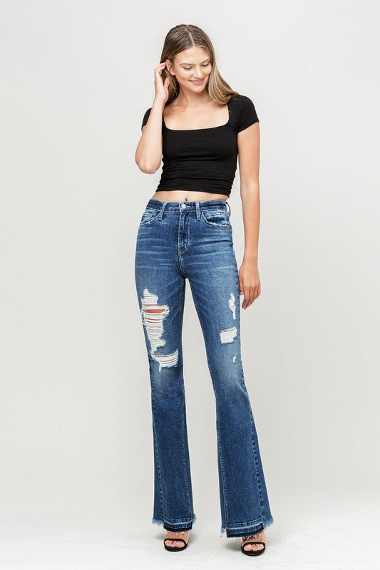 High-Rise Distressed Released Hem Flare Jeans