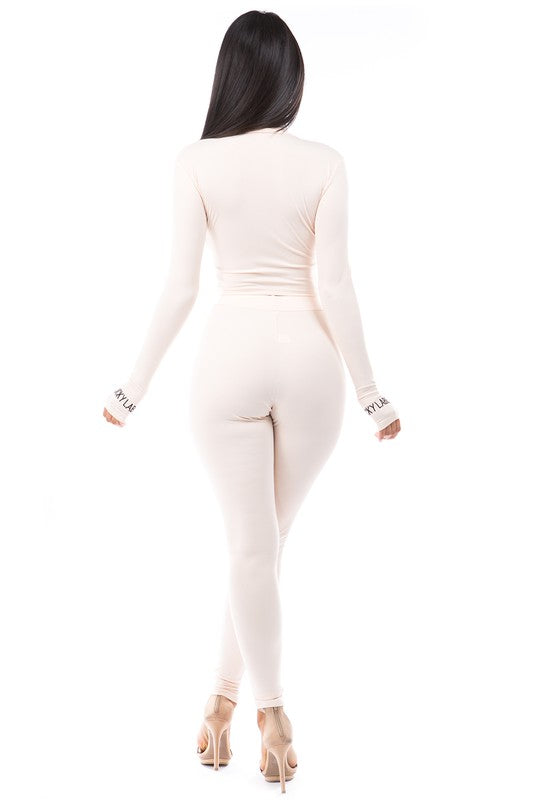 Long Sleeve Zipper Top & Pant Set-Cream