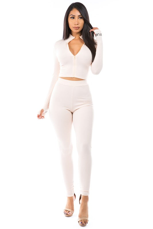 Long Sleeve Zipper Top & Pant Set-Cream