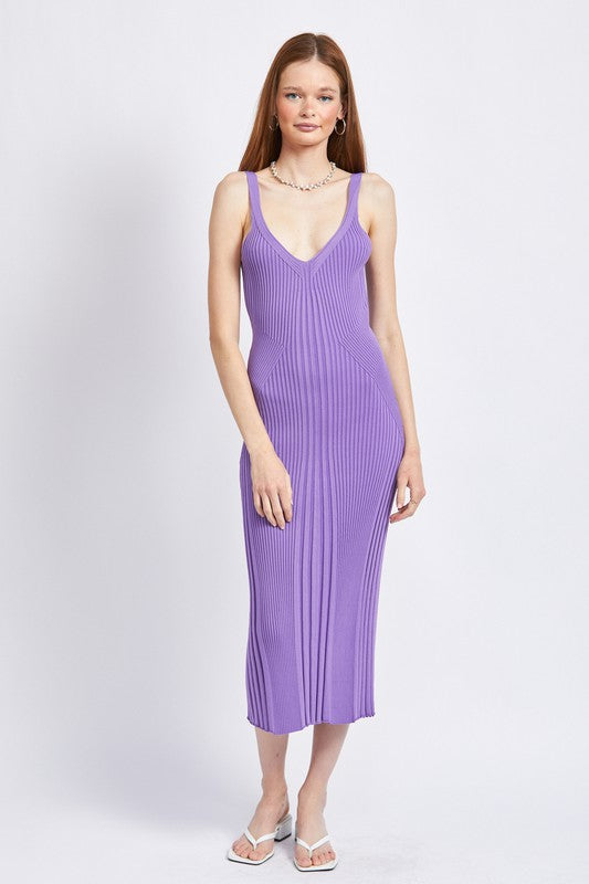 V NECK RIBBED MIDI DRESS WITH OPEN BACK