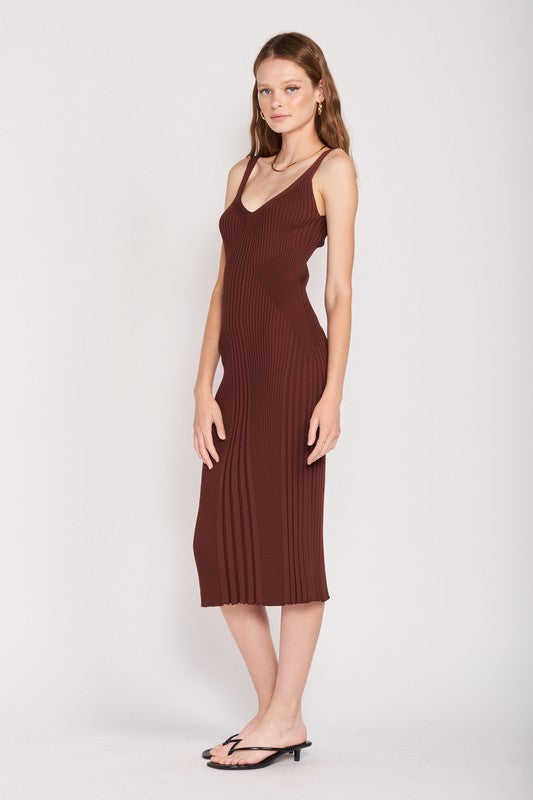 V NECK RIBBED MIDI DRESS WITH OPEN BACK