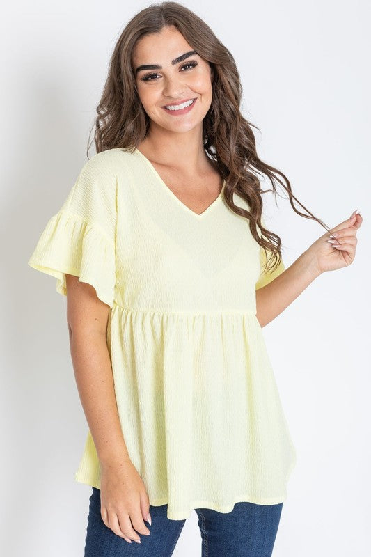 Shirred V Neck Ruffle Sleeve Babydoll Tunic