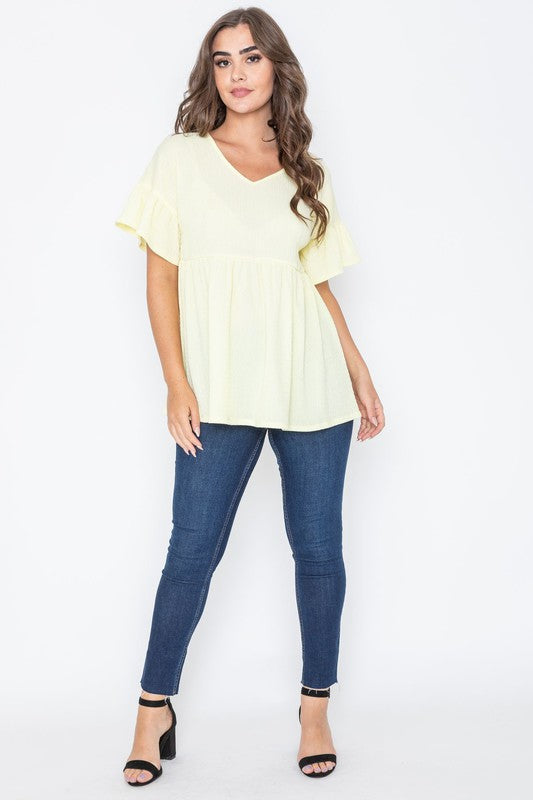 Shirred V Neck Ruffle Sleeve Babydoll Tunic