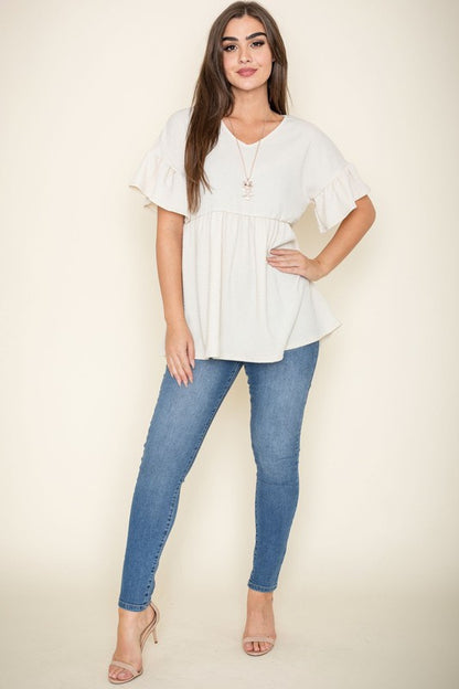 Shirred V Neck Ruffle Sleeve Babydoll Tunic