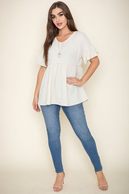 Shirred V Neck Ruffle Sleeve Babydoll Tunic